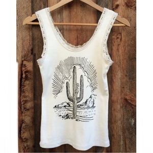 Free People White Tank Top with Black Cactus Graphic